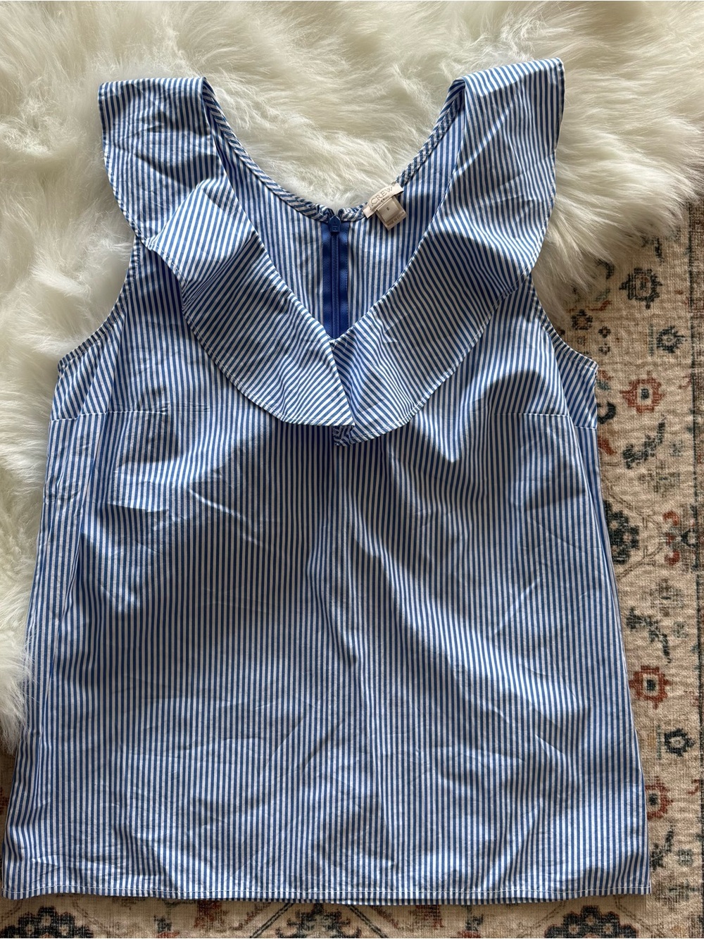 J. Crew Blue and White Striped Ruffle Neck Sleeveless Top Size 6